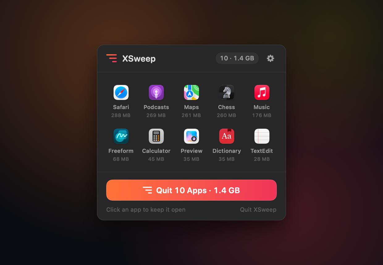 The XSweep popover listing ten running apps with their memory use, above a button reading Quit 10 Apps · 2.3 GB