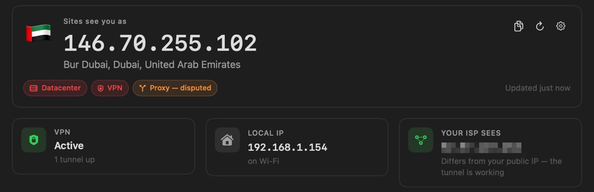 XWatch showing a public IP flagged as datacenter and VPN, with proxy marked as disputed