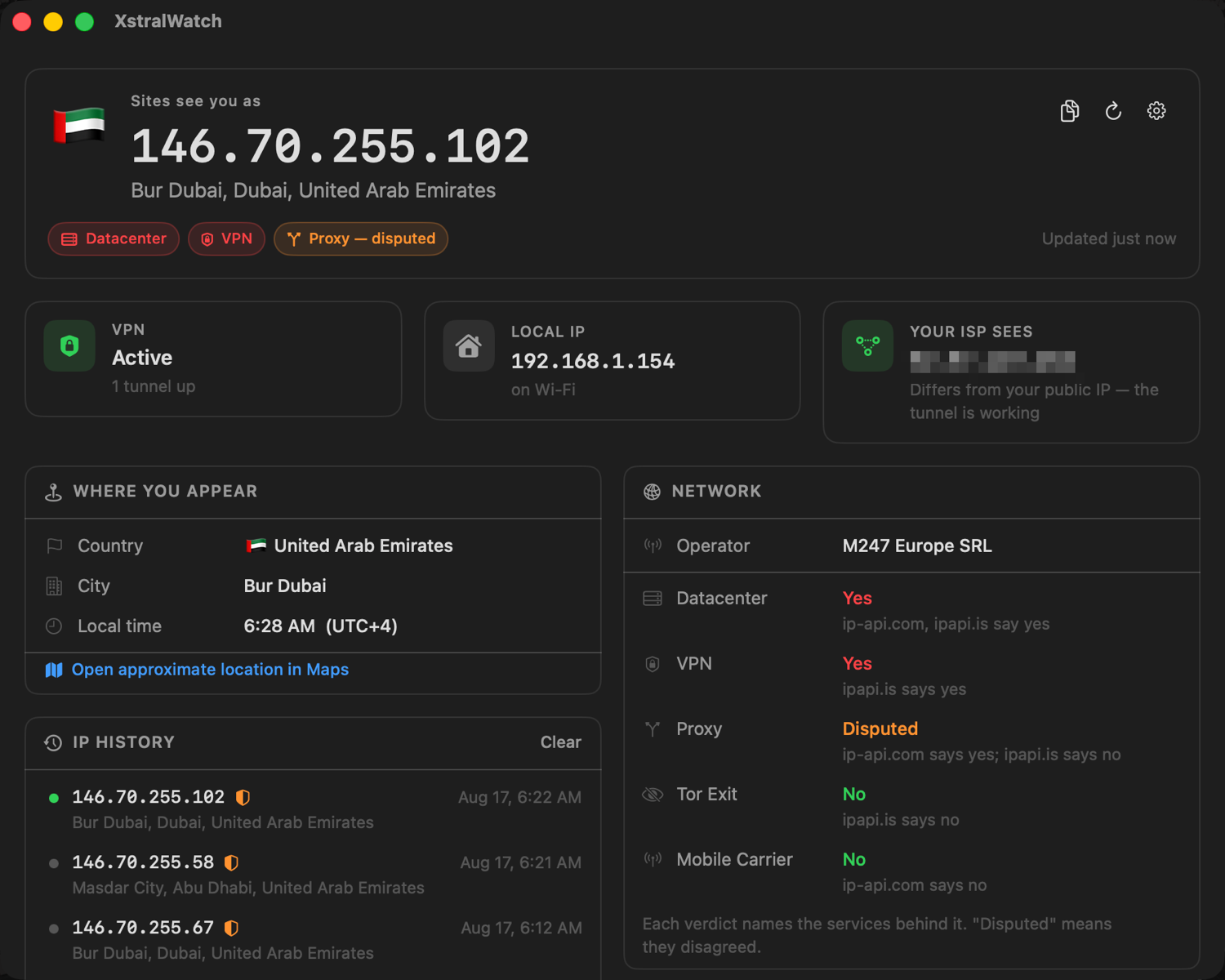 XWatch dashboard with a VPN connected, showing the public IP, risk signals and the address the ISP sees